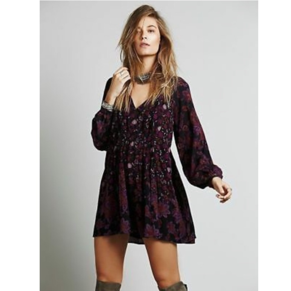 Free People Lucky Loosey Purple Floral Print Boho Festival Mini Dress Tunic Rare